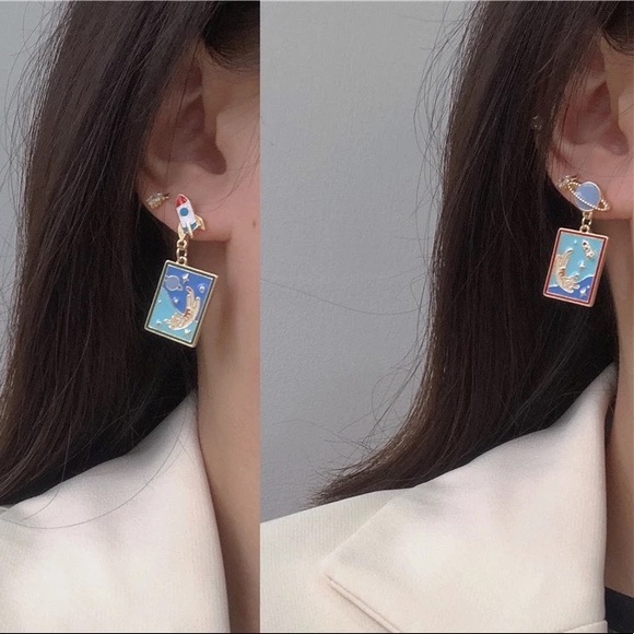 Cat in Space earrings planet rocket outer space - Picture 3 of 5